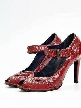 Bottega Veneta Red Peep-Toe Ankle Strap Heels